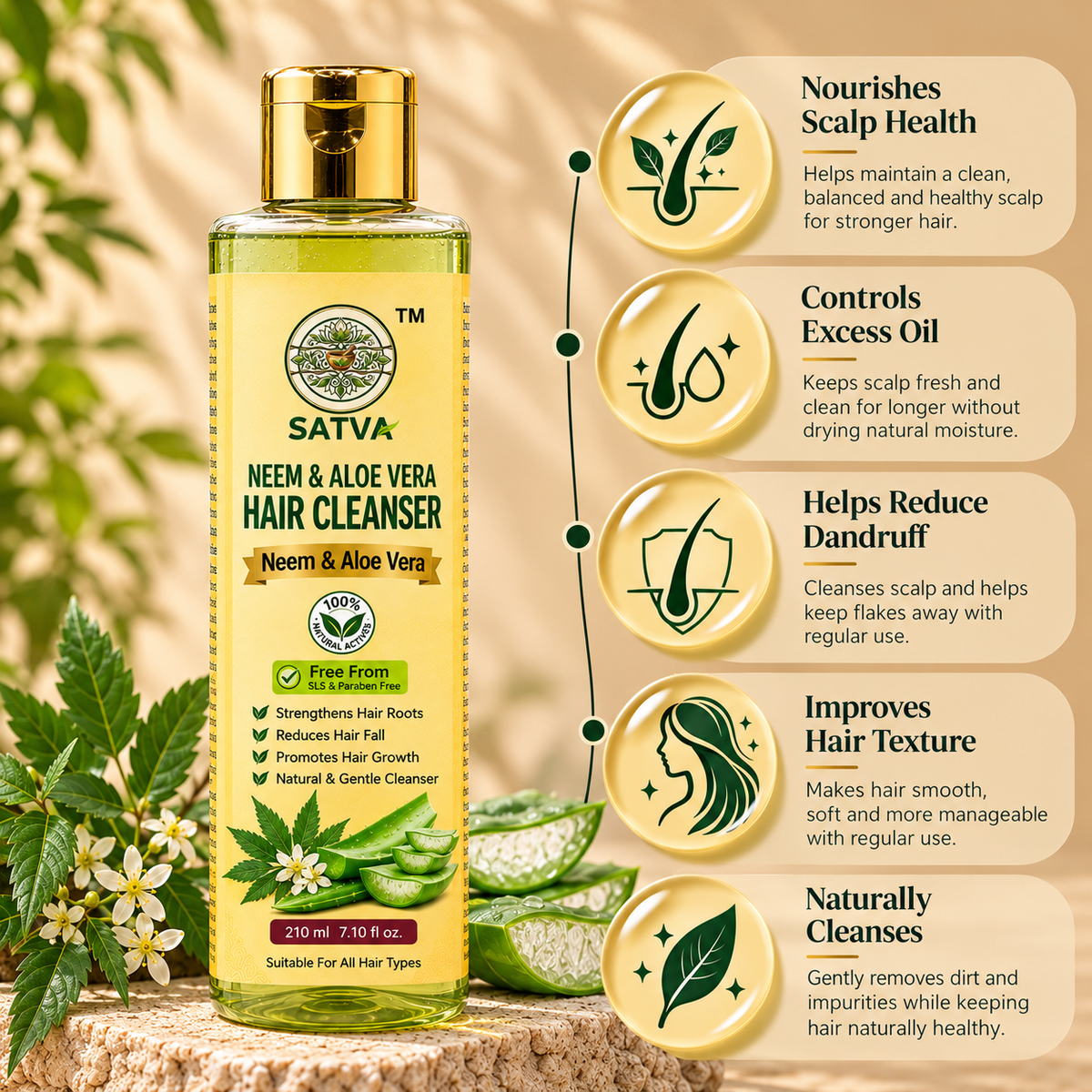 SATVA Neem and Aloe Vera Hair Cleanser bottle with product benefits