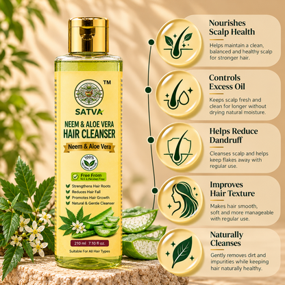 SATVA Neem and Aloe Vera Hair Cleanser bottle with product benefits