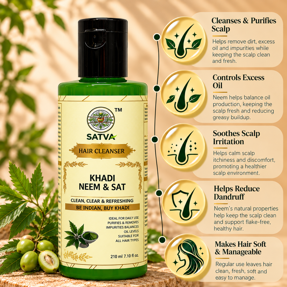 SATVA Khadi Neem & Sat Hair Cleanser Key Benefits
