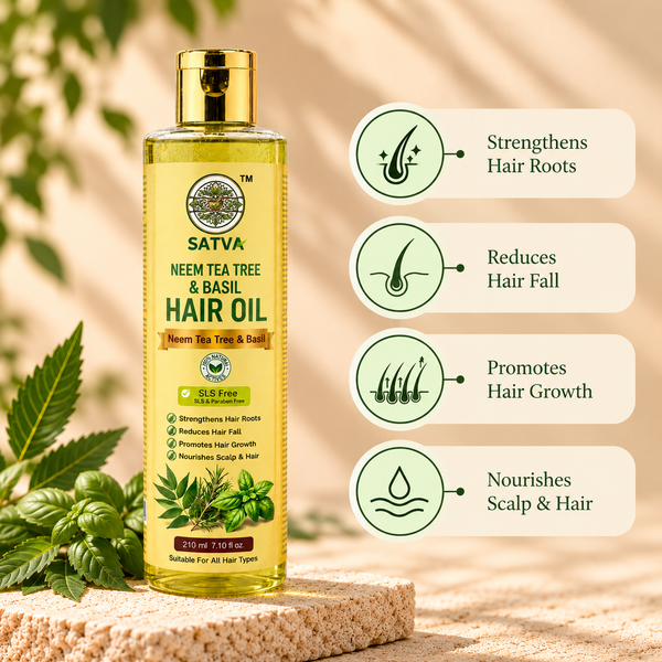 SATVA Neem Tea Tree & Basil Hair Oil – 210ml | SLS & Paraben Free