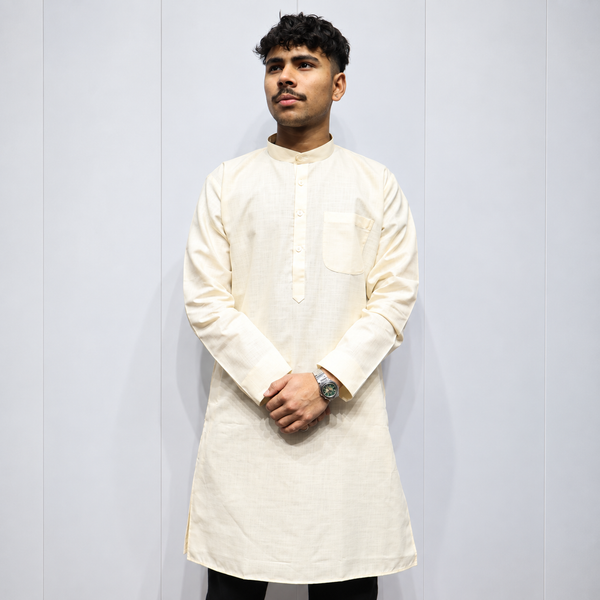 Off White Khadi Cotton Men’s Kurta – Full Sleeve Classic Traditional Ethnic Wear