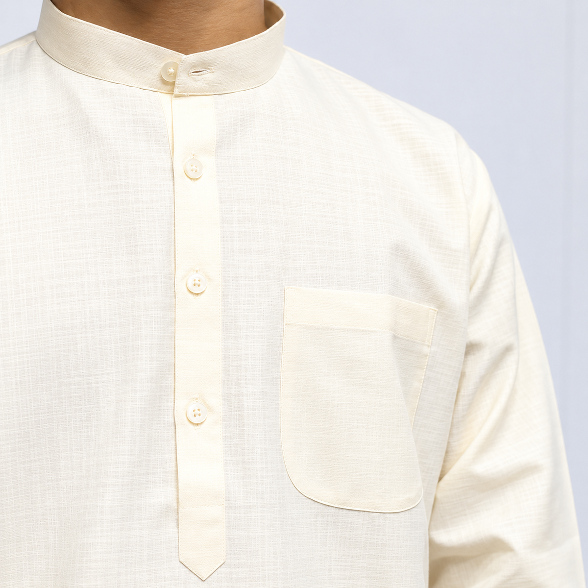 Off white Khadi kurta with Mandarin collar and chest pocket
