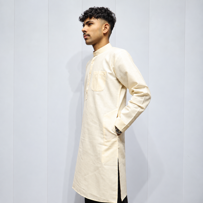 Off White Khadi Cotton Men’s Kurta – Full Sleeve Classic Traditional Ethnic Wear