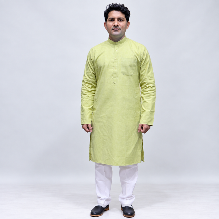 Green Khadi Cotton Men’s Kurta with Mandarin Collar, Full Sleeves & Chest Pocket