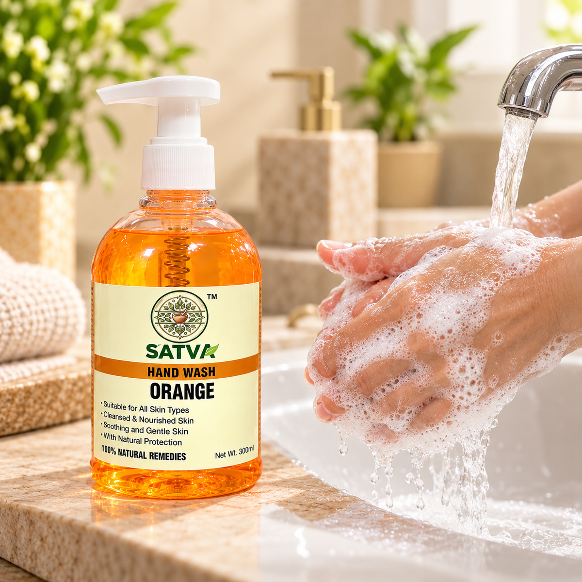 SATVA Orange Hand Wash Being Used for Gentle Hand Cleansing