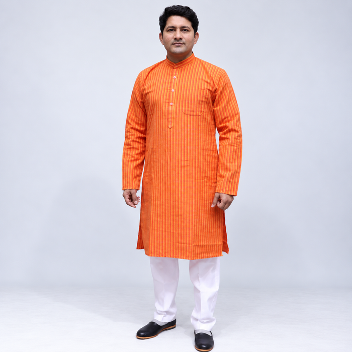 Yellow & Red Striped Khadi Cotton Men’s Kurta