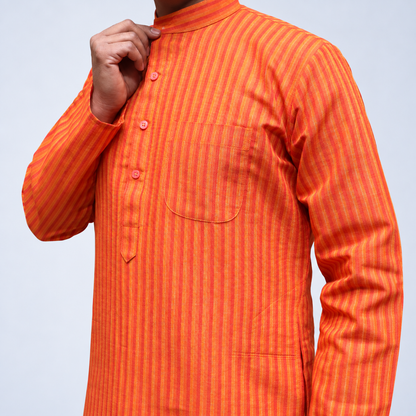 Orange striped Cotton men’s kurta collar and chest pocket