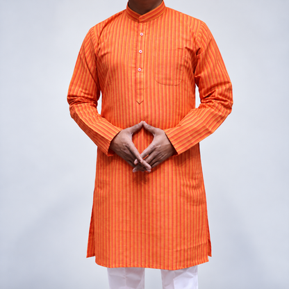 Orange striped Cotton men’s kurta full sleeve side view