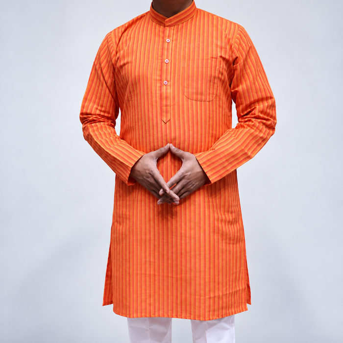 Yellow & Red Striped Khadi Cotton Men’s Kurta