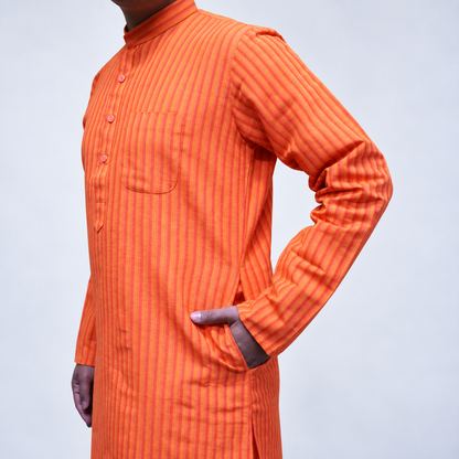 Orange striped Cotton men’s kurta front button detailing