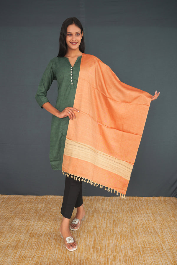 Handwoven Khadi Silk Stole for Women – Elegant Peach & Beige | Pure Silk Dupatta | Sustainable Luxury Wrap