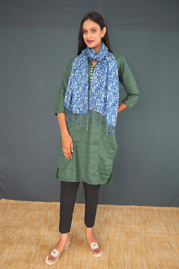 Handwoven True Khadi Silk Stole – Indigo Blue Printed shawl | Pure Handloom shawl for Women