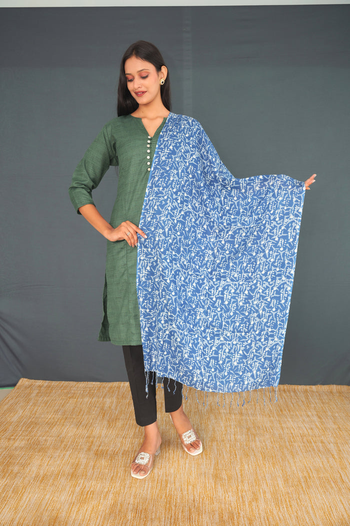 Handwoven True Khadi Silk Stole – Indigo Blue Printed shawl | Pure Handloom shawl for Women(37)