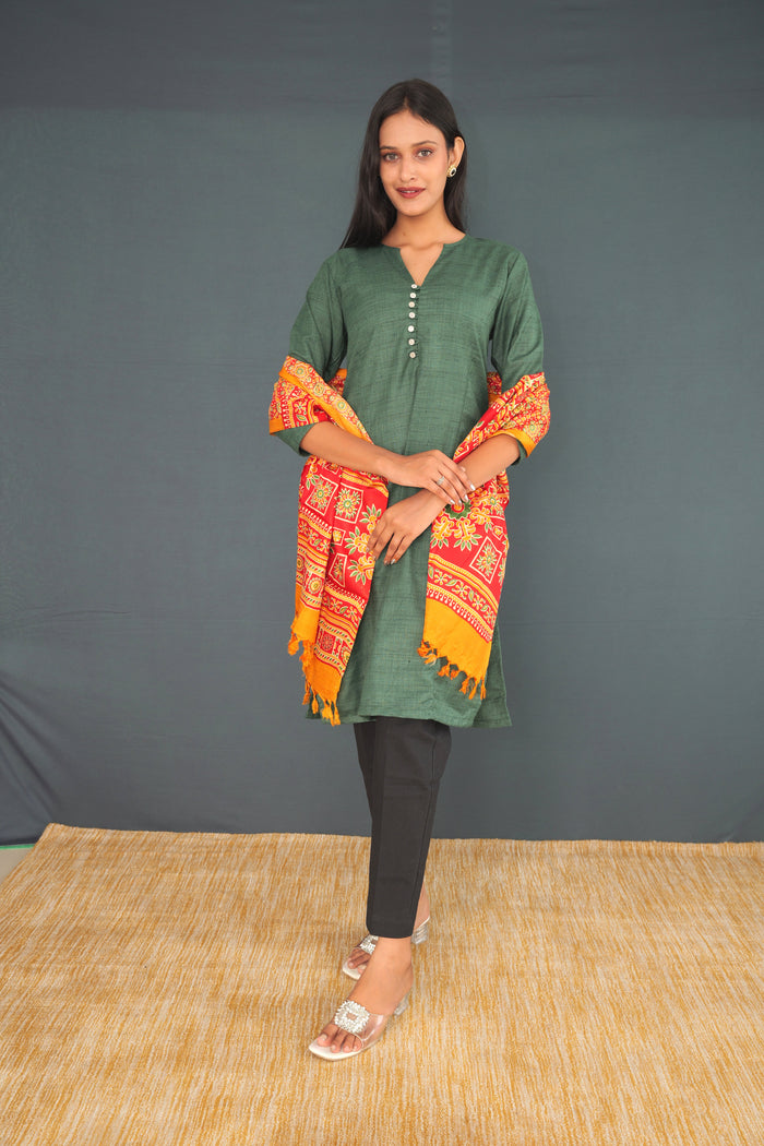 Handwoven Khadi Silk Stole – Red & Yellow Traditional Pattern | Pure Khadi Silk stole for Women | Festive Ethnic Wrap(36)