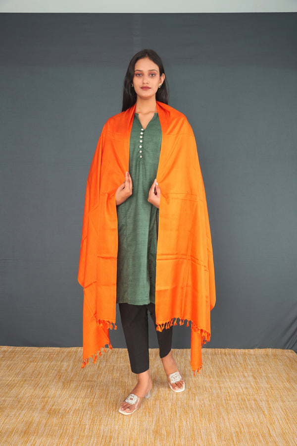 Handwoven True Khadi Silk Stole – Pure Orange | Elegant Plain Khadi Silk Dupatta for Women | Sustainable Handloom Wrap