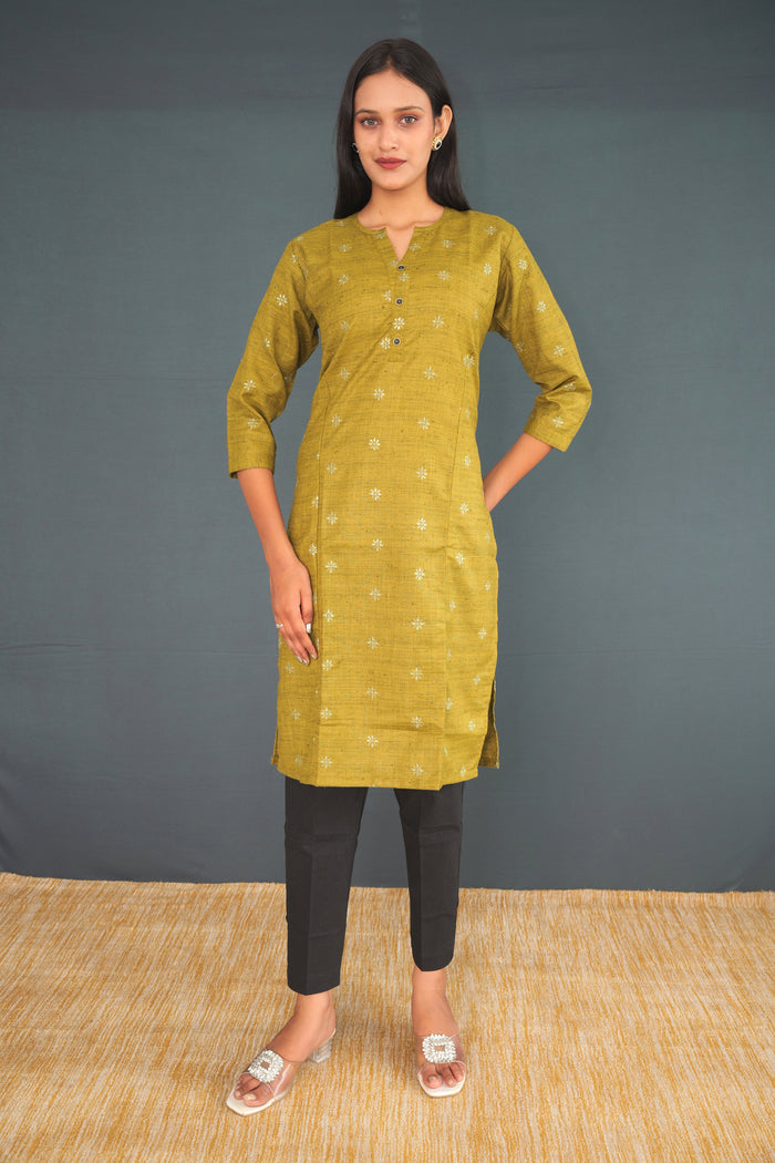 Olive Green Handwoven Khadi Silk Kurti for Women | Elegant Straight Fit Ethnic Wear(18)