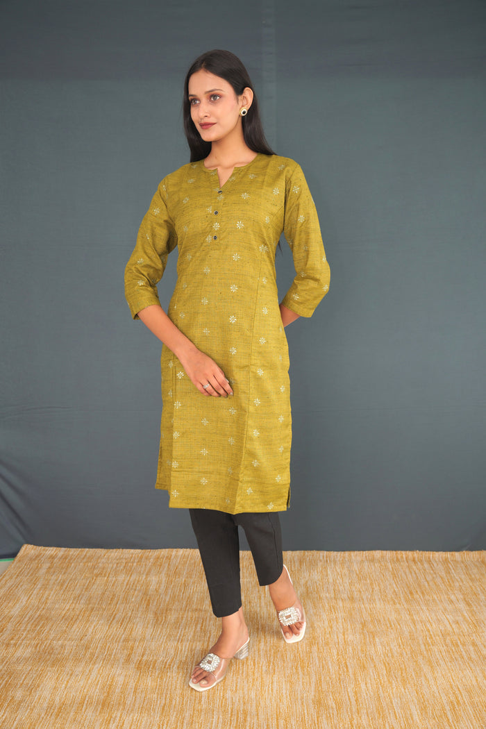 Olive Green Handwoven Khadi Silk Kurti for Women | Elegant Straight Fit Ethnic Wear(18)