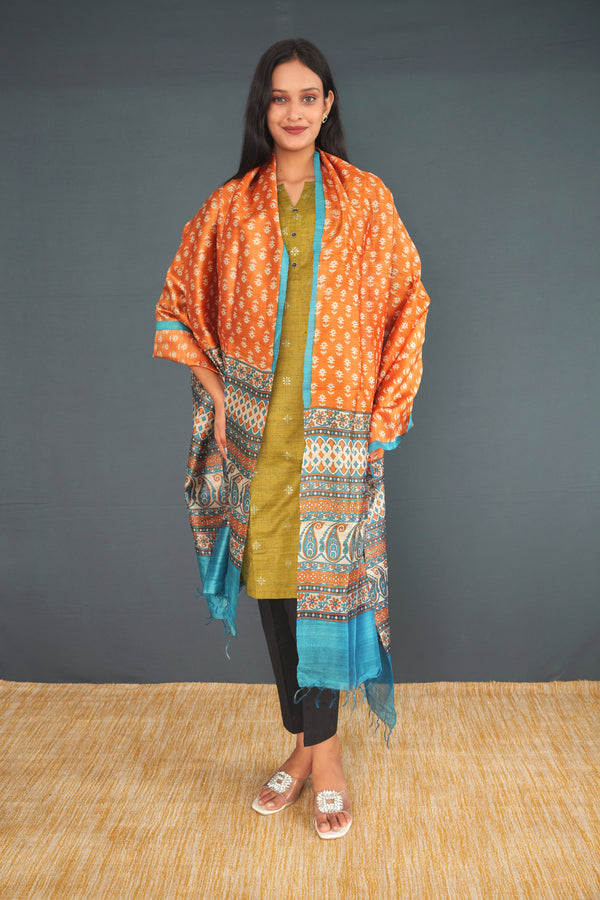 Handwoven True Khadi Silk Stole – Orange & Blue Indian Heritage Pattern | Pure Handloom Shawl for Women | Sustainable Khadi Wrap