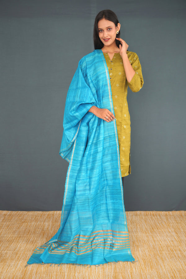 Handwoven True Khadi Silk Stole – Light Aqua Blue | Pure Handloom Dupatta for Women | Sustainable Indian Khadi Silk Wrap