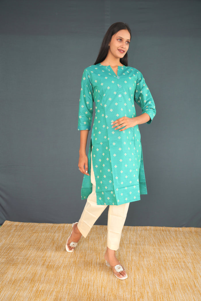 Mint Green Handwoven Khadi Silk Kurti for Women | Elegant Straight Fit Ethnic Wear
