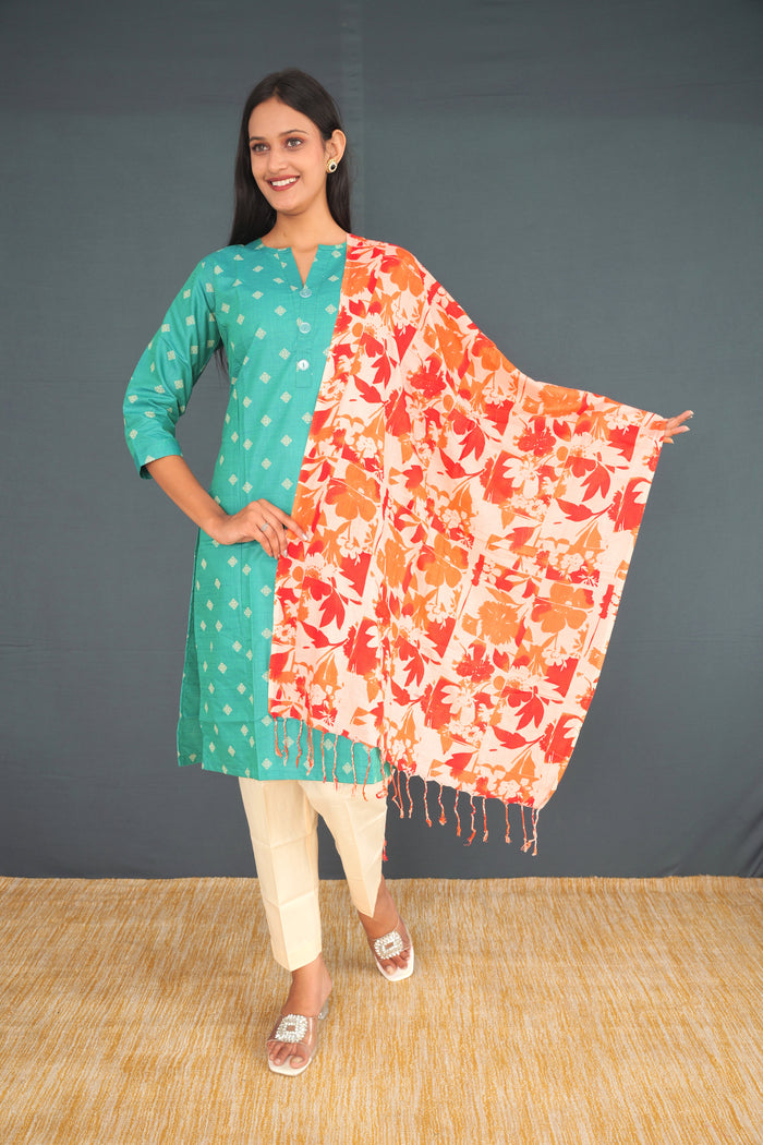 Handwoven True Khadi Silk Stole – Peach & Red Floral Print | Pure Handloom shawl for Women | Sustainable Indian Khadi Silk Wrap(31)