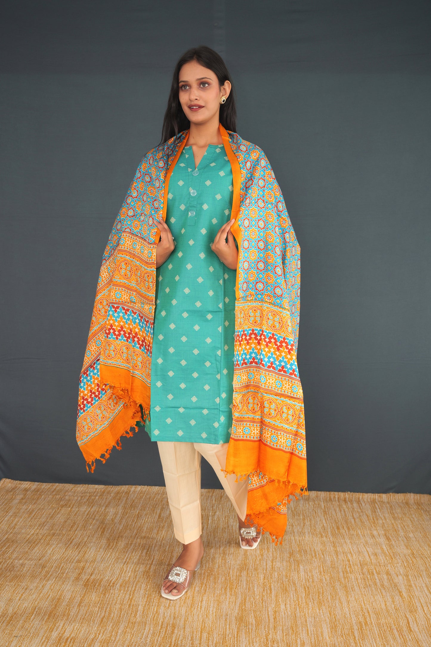 Handwoven Khadi Silk Stole – Orange & Blue Heritage Pattern | Pure Indian Handloom stole | Ethical Khadi Silk Wrap for Women