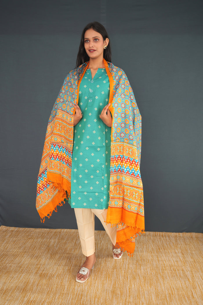 Handwoven Khadi Silk Stole – Orange & Blue Heritage Pattern | Pure Indian Handloom stole | Ethical Khadi Silk Wrap for Women(30)