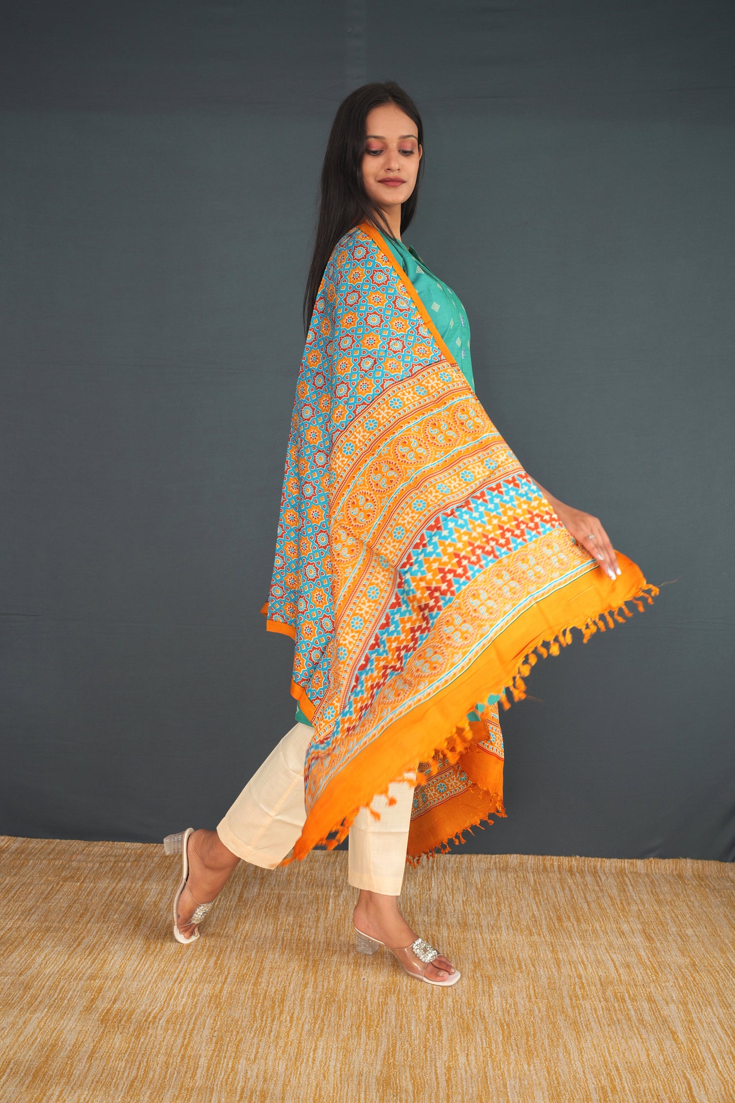 Handwoven Khadi Silk Stole – Orange & Blue Heritage Pattern | Pure Indian Handloom stole | Ethical Khadi Silk Wrap for Women