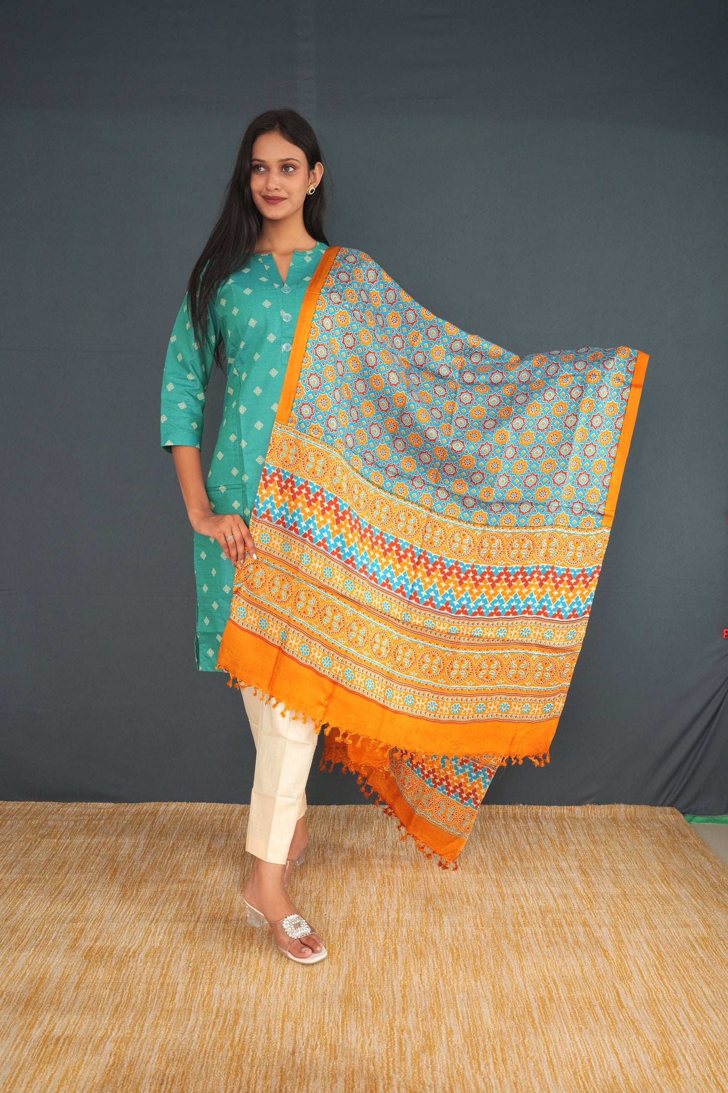 Handwoven Khadi Silk Stole – Orange & Blue Heritage Pattern | Pure Indian Handloom stole | Ethical Khadi Silk Wrap for Women