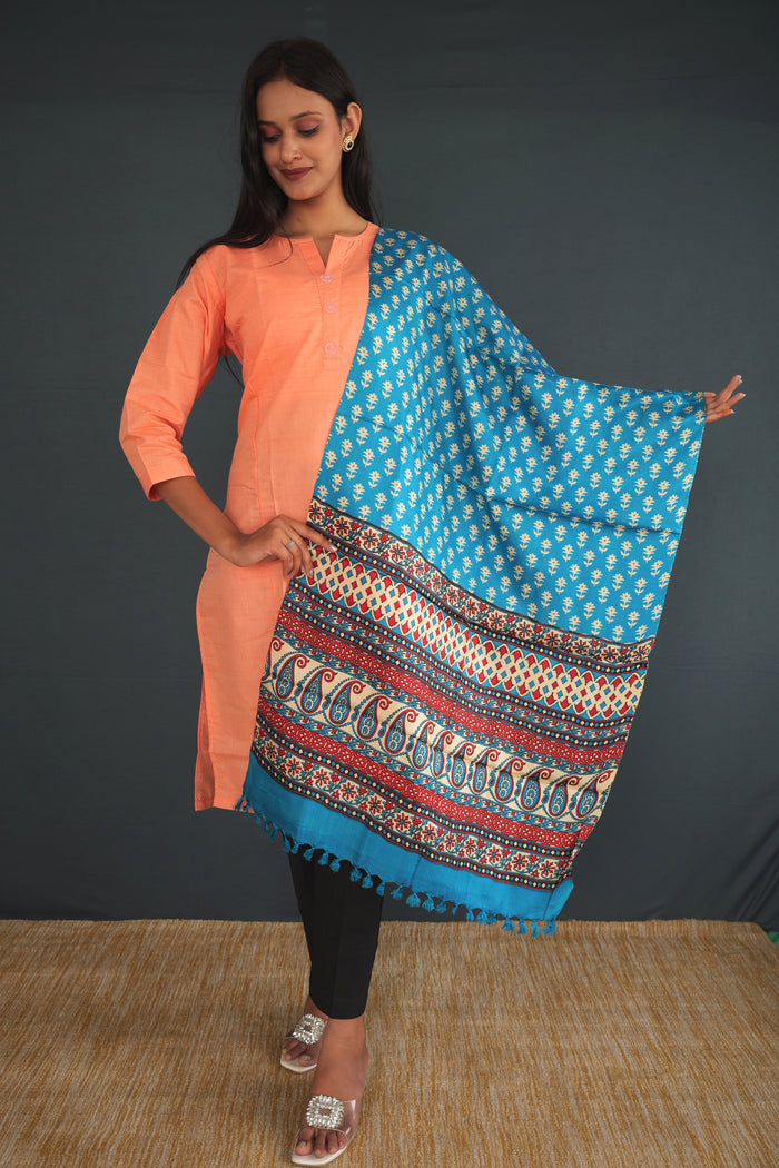 Handwoven True Khadi Silk Stole – Aqua Blue & Coral Floral Print | Pure Handloom stole for Women | Sustainable Indian Khadi Silk Wrap(28)