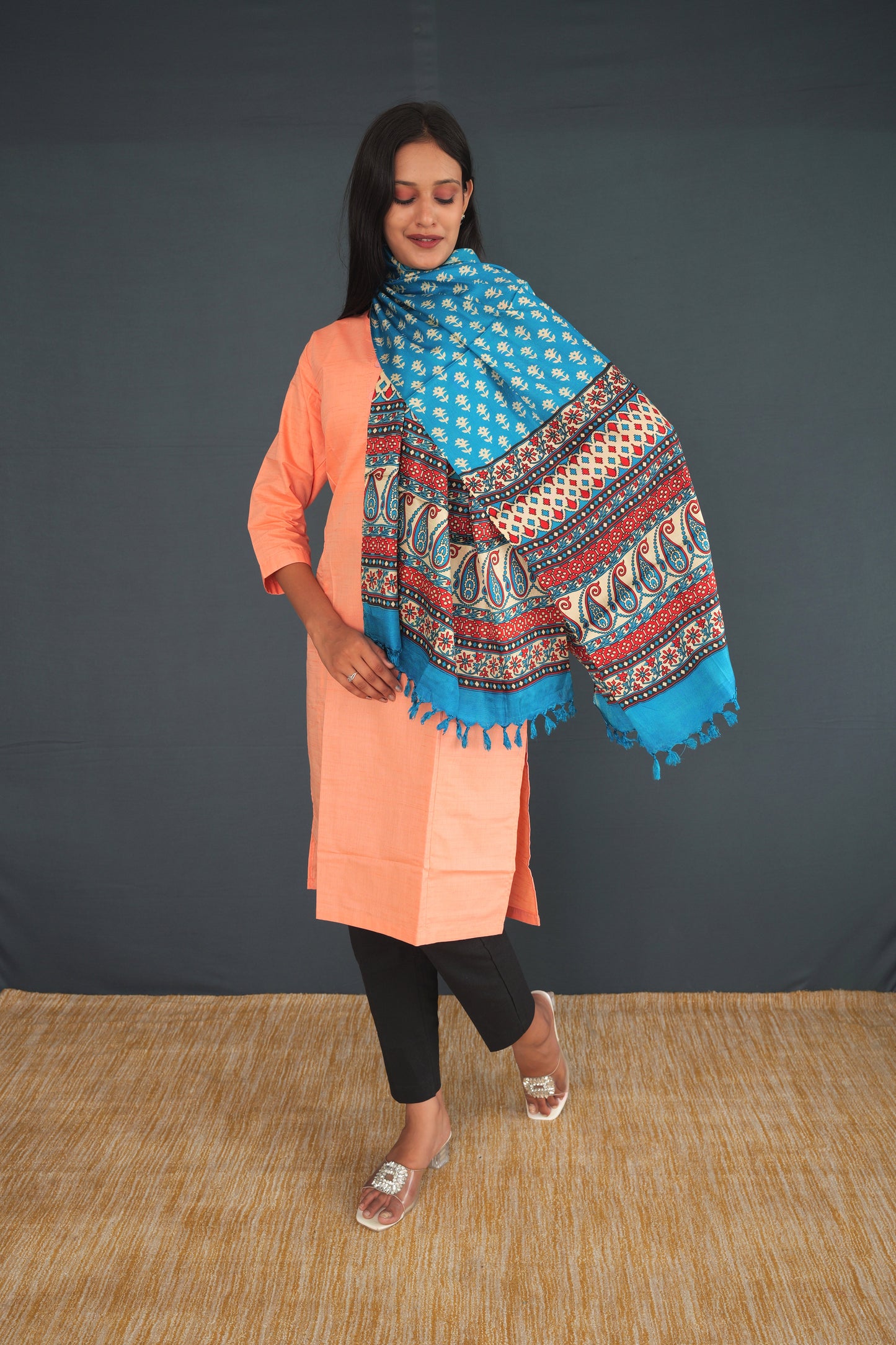 Handwoven True Khadi Silk Stole – Aqua Blue & Coral Floral Print | Pure Handloom stole for Women | Sustainable Indian Khadi Silk Wrap