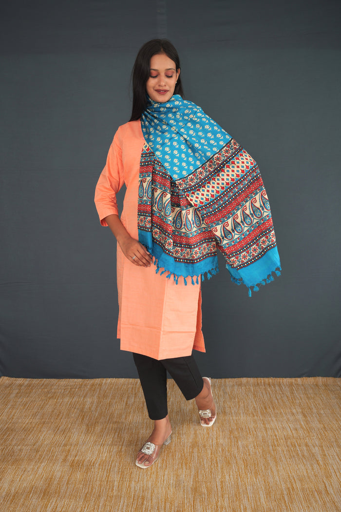 Handwoven True Khadi Silk Stole – Aqua Blue & Coral Floral Print | Pure Handloom stole for Women | Sustainable Indian Khadi Silk Wrap(28)