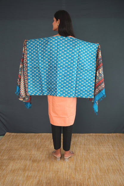 Handwoven True Khadi Silk Stole – Aqua Blue & Coral Floral Print | Pure Handloom stole for Women | Sustainable Indian Khadi Silk Wrap