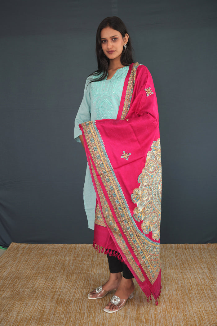 Handwoven Rani Pink, Maroon, Mehndi Green & Wine Khadi Silk Stole | Pure Indian Handloom stole  for Women | Traditional Madhubani Design Khadi Silk Wrap(27)