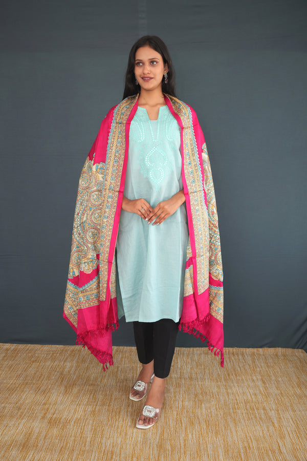 Handwoven Rani Pink, Maroon, Mehndi Green & Wine Khadi Silk Stole | Pure Indian Handloom stole  for Women | Traditional Madhubani Design Khadi Silk Wrap