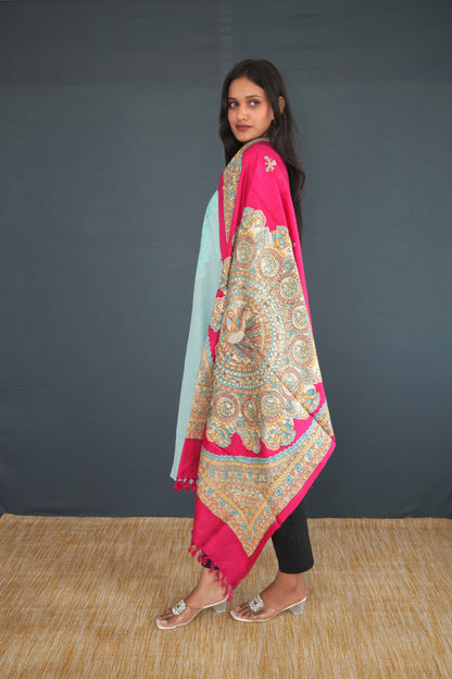 Handwoven Rani Pink, Maroon, Mehndi Green & Wine Khadi Silk Stole | Pure Indian Handloom stole  for Women | Traditional Madhubani Design Khadi Silk Wrap