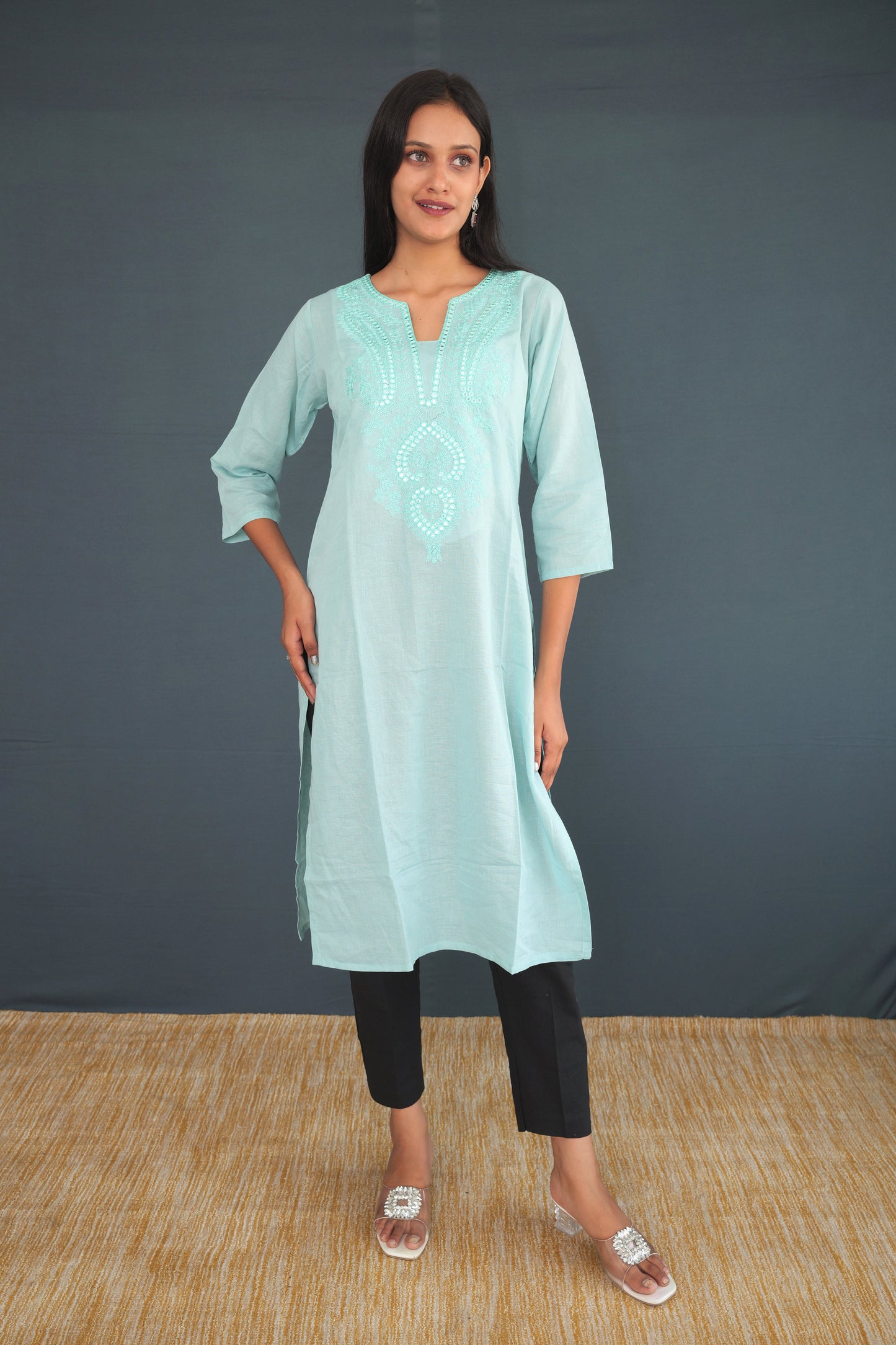 Light Aqua Blue Handwoven Khadi Raw Silk Kurti for Women | Elegant Embroidered Straight Fit Kurti | Sustainable Ethnic Wear