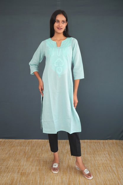 Light Aqua Blue Handwoven Khadi Raw Silk Kurti for Women | Elegant Embroidered Straight Fit Kurti | Sustainable Ethnic Wear