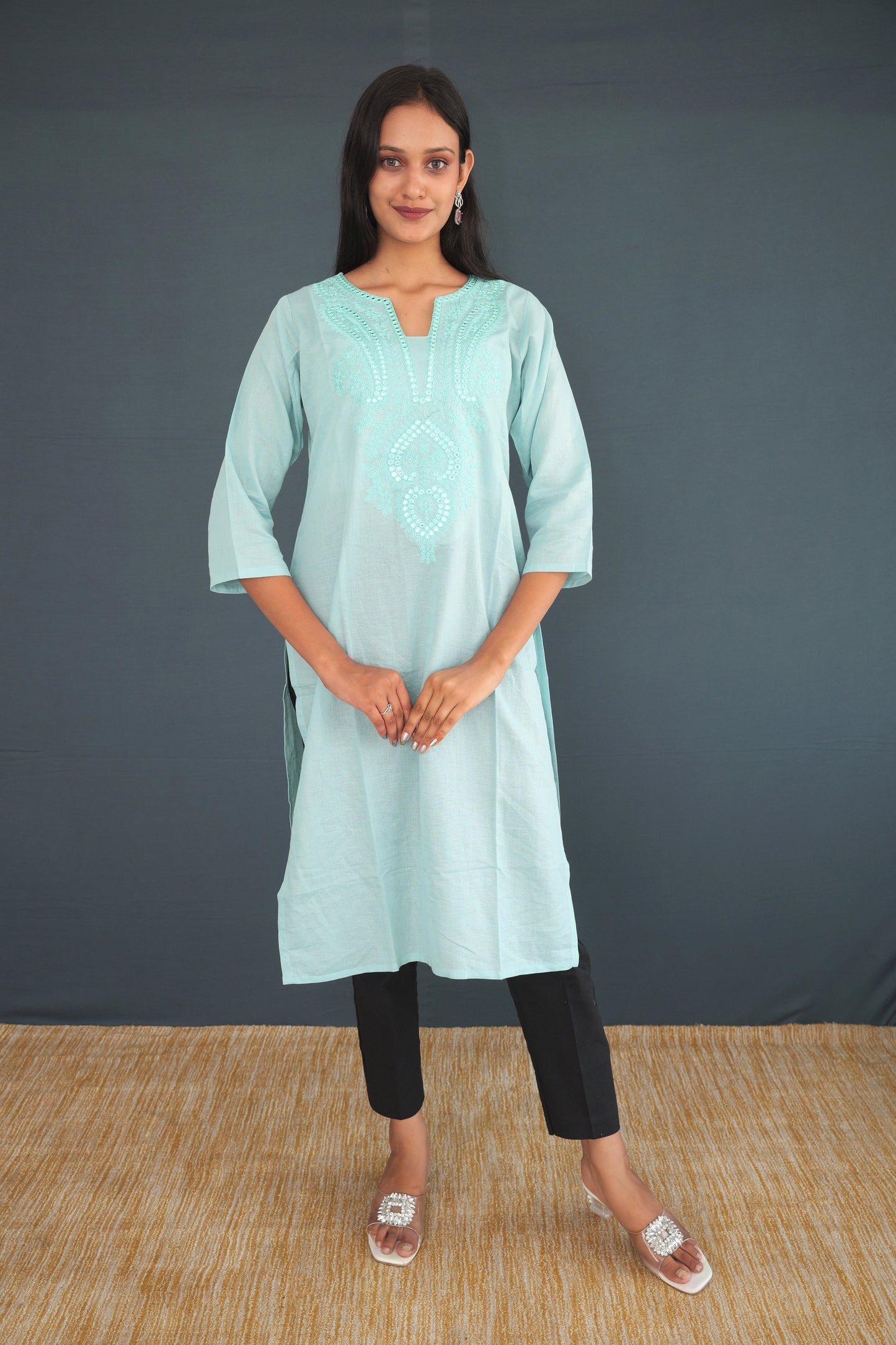 Light Aqua Blue Handwoven Khadi Raw Silk Kurti for Women | Elegant Embroidered Straight Fit Kurti | Sustainable Ethnic Wear
