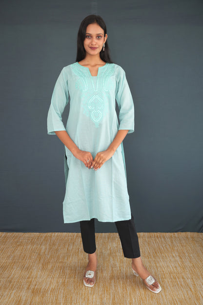 Light Aqua Blue Handwoven Khadi Raw Silk Kurti for Women | Elegant Embroidered Straight Fit Kurti | Sustainable Ethnic Wear