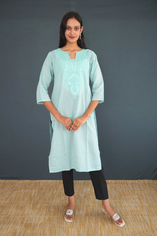 Light Aqua Blue Handwoven Khadi Raw Silk Kurti for Women | Elegant Embroidered Straight Fit Kurti | Sustainable Ethnic Wear