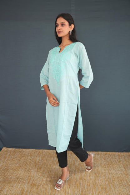 Light Aqua Blue Handwoven Khadi Raw Silk Kurti for Women | Elegant Embroidered Straight Fit Kurti | Sustainable Ethnic Wear
