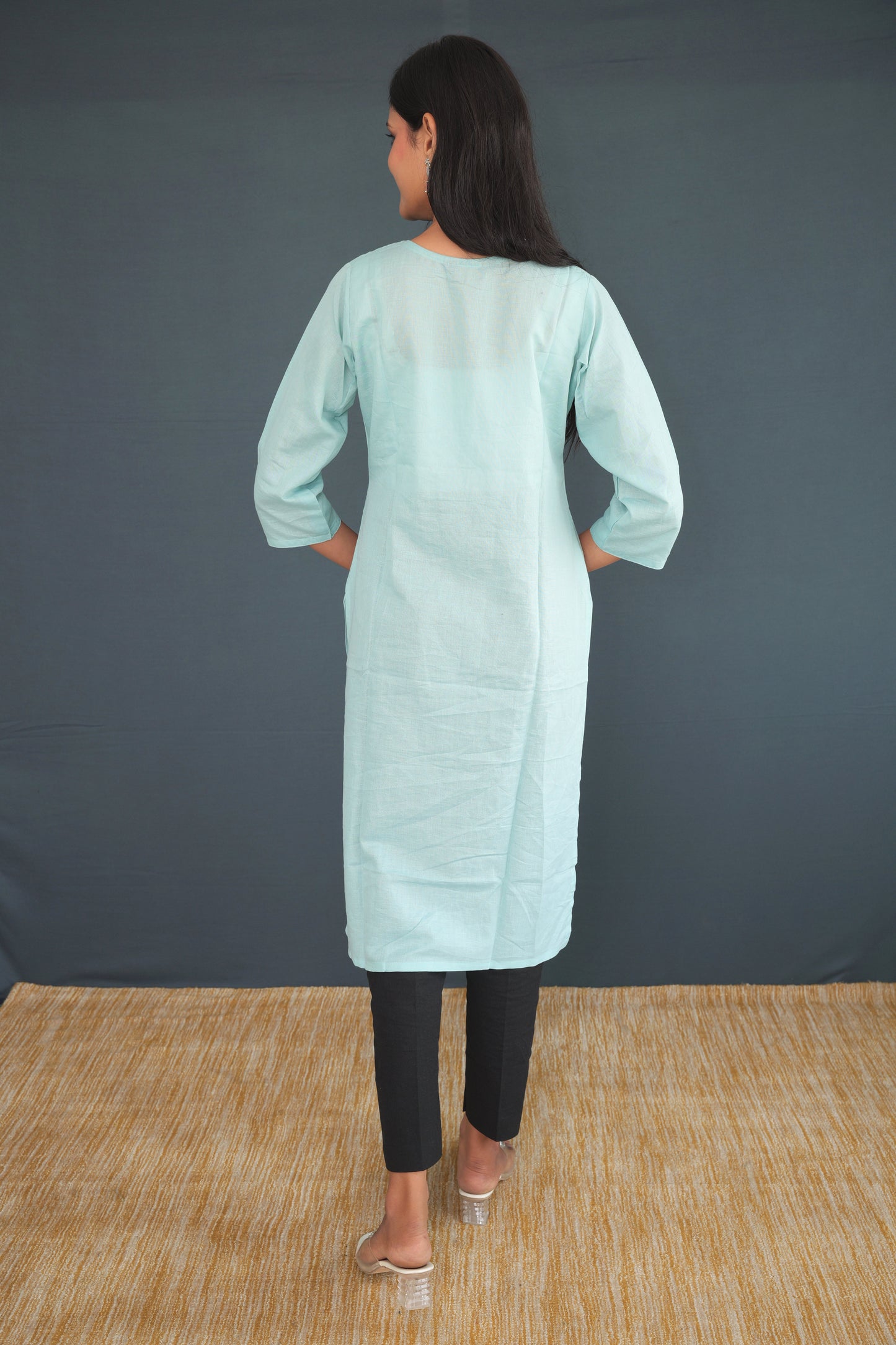 Light Aqua Blue Handwoven Khadi Raw Silk Kurti for Women | Elegant Embroidered Straight Fit Kurti | Sustainable Ethnic Wear