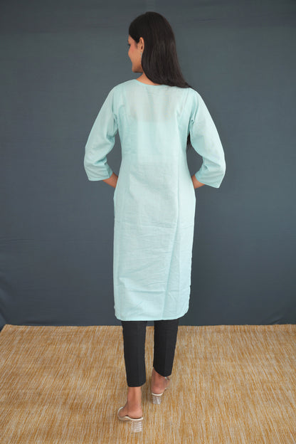 Light Aqua Blue Handwoven Khadi Raw Silk Kurti for Women | Elegant Embroidered Straight Fit Kurti | Sustainable Ethnic Wear