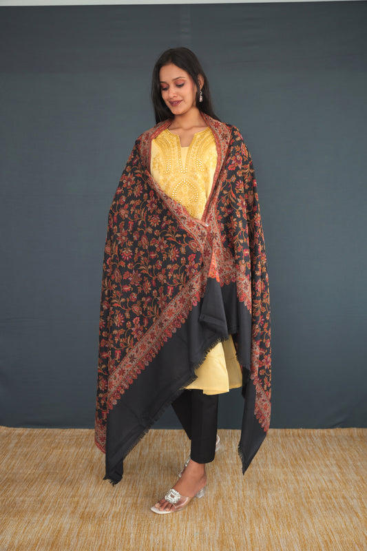 Handwoven Black Khadi Silk Stole | Traditional Kashmiri Floral Design Dupatta