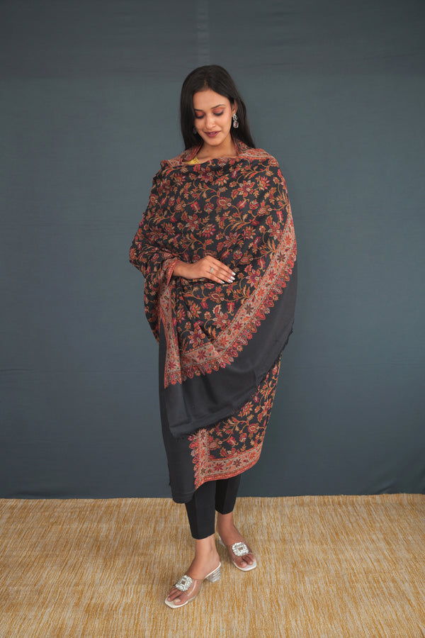 Handwoven Black Khadi Woolen Shawl | Traditional Kashmiri Floral Design Shawl | Pure Indian Handloom Khadi Shawl for Women