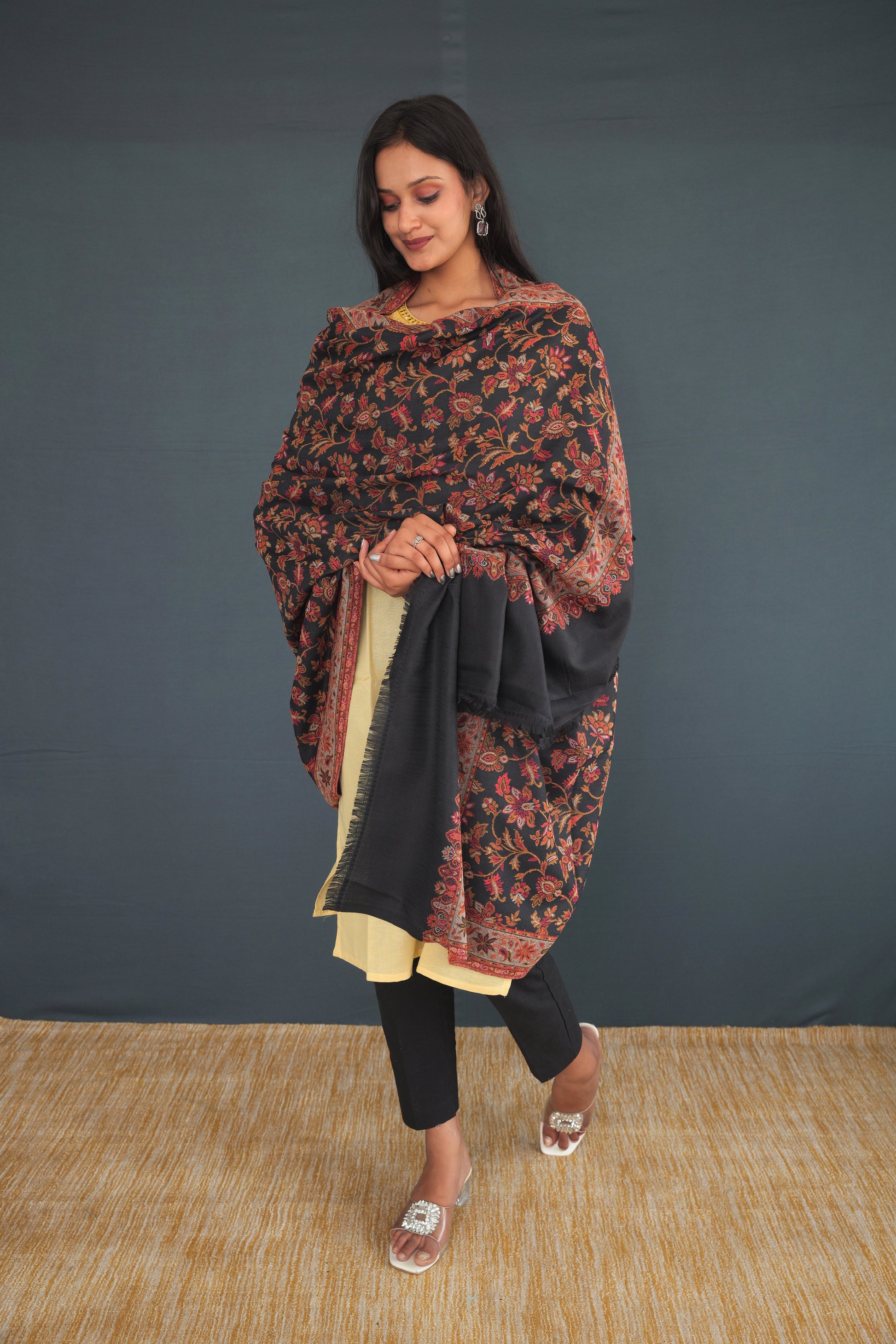 Handwoven Black Khadi Silk Stole | Traditional Kashmiri Floral Design Dupatta