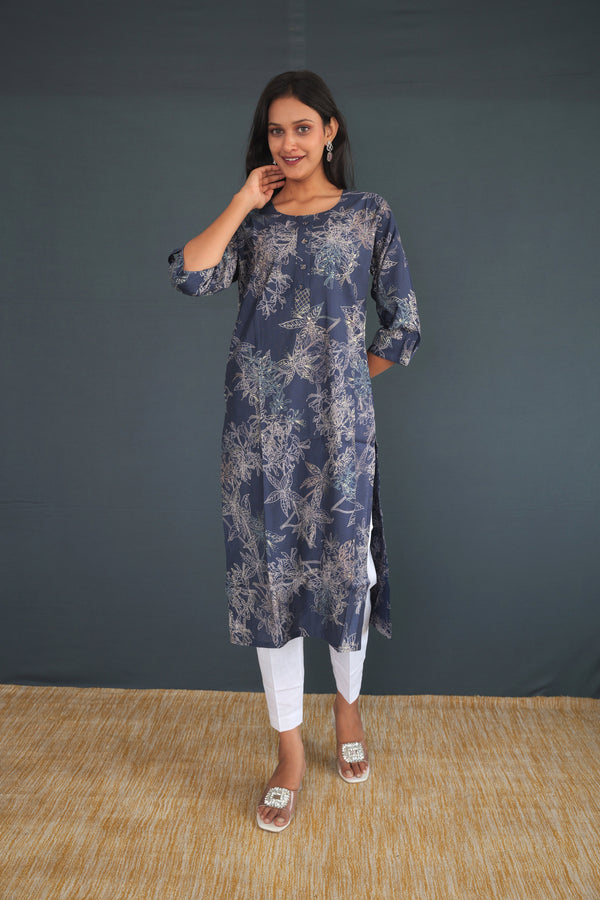 Navy Blue Printed Khadi Raw Silk Kurti for Women | Handwoven Floral Straight Fit Ethnic Wear | Sustainable Indian Fashion