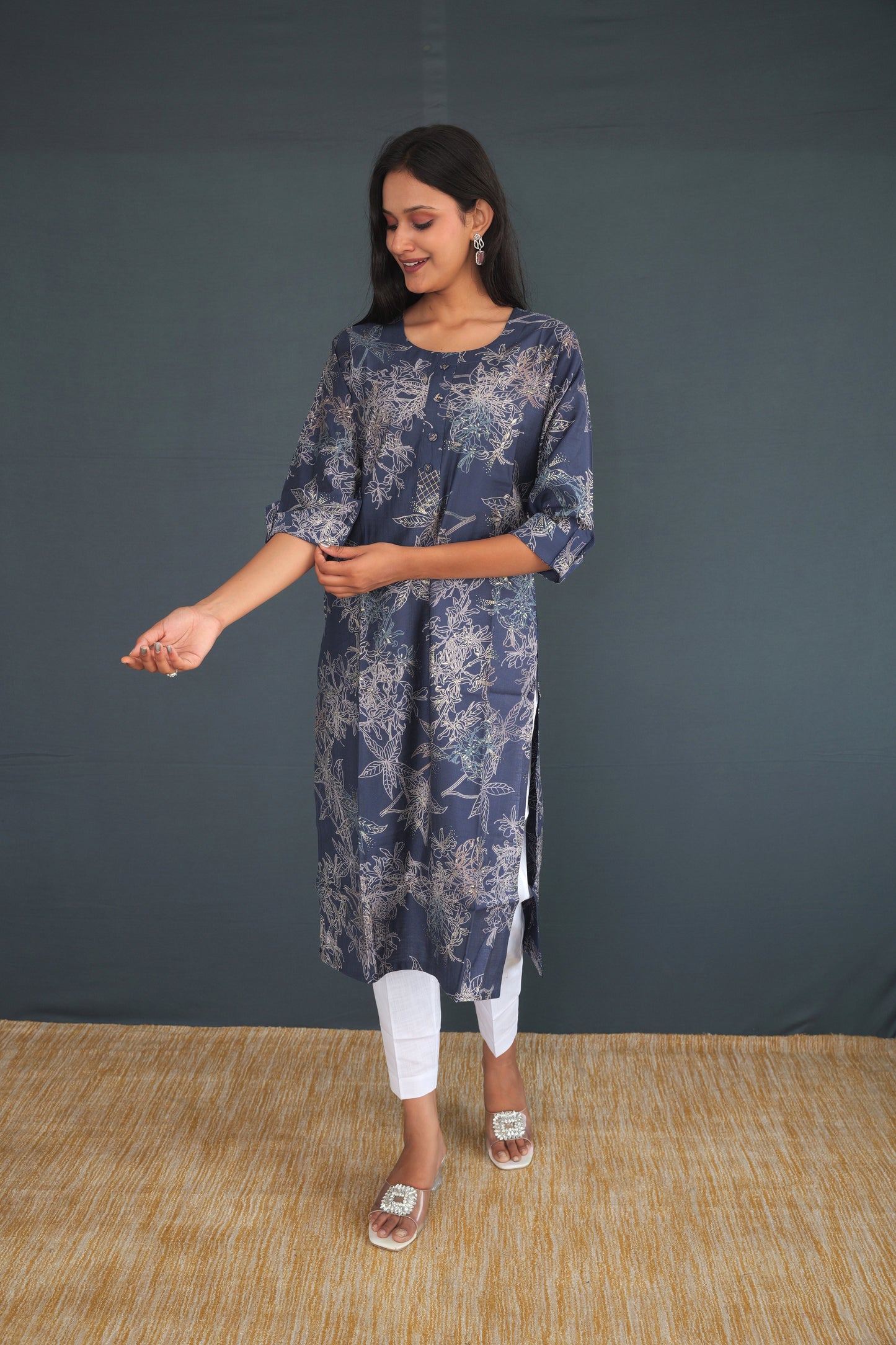 Navy Blue Printed Khadi Raw Silk Kurti for Women | Handwoven Floral Straight Fit Ethnic Wear | Sustainable Indian Fashion