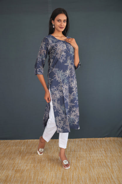 Navy Blue Printed Khadi Raw Silk Kurti for Women | Handwoven Floral Straight Fit Ethnic Wear | Sustainable Indian Fashion